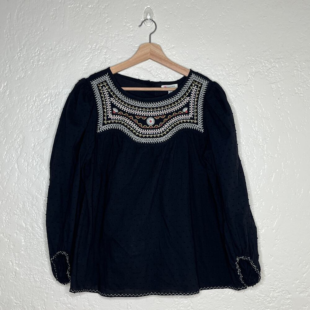 Max Studio Boho‎ Embroidered Swiss Dot Black Peasant Top NWT Women's Small